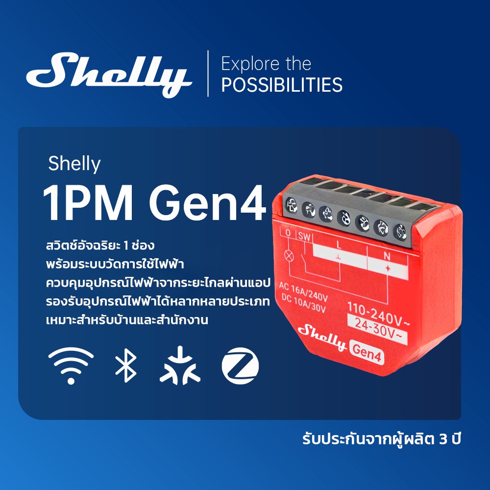 Shelly 1PM Gen4 สวิตช์ไฟอัจฉริยะ zigbee switch WiFi วัดค่าไฟ เรียลไทม์ 16A คุมไฟผ่านมือถือ ใช้กับ Alexa Google