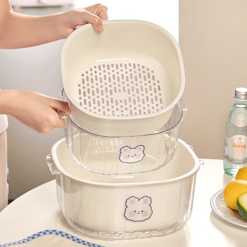 Ubear ตะกร้าล้างผักและสะเด็ดน้ำออกจากผัก คุณภาพสูง ลวดลายน่ารัก วัสดุ PP มีที่จับ โครงสร้างสองชั้น