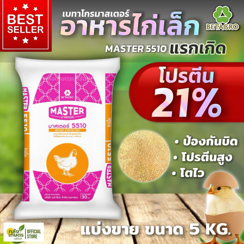 [💥ถูกสุดๆ] อาหารลูกไก่แรกเกิด 5510 โปรตีน21% เบทาโกร BETAGRO MASTER แบ่ง 5 กก. โปรตีนสูง โตไว รับประกันคุณภาพ100%