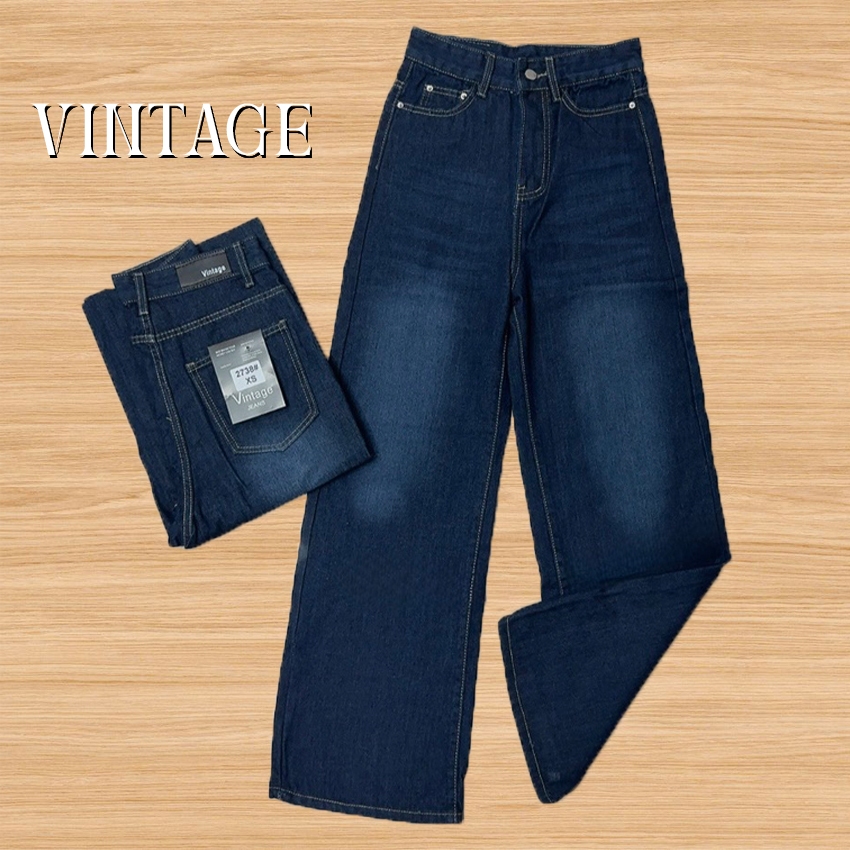 Vintage รุ่น 2738 กางเกงยีนส์ ทรงกระบอก สีน้ำเงินเข้ม แต่งเฟดขา ทรงสวยผ้าไม่ยืด