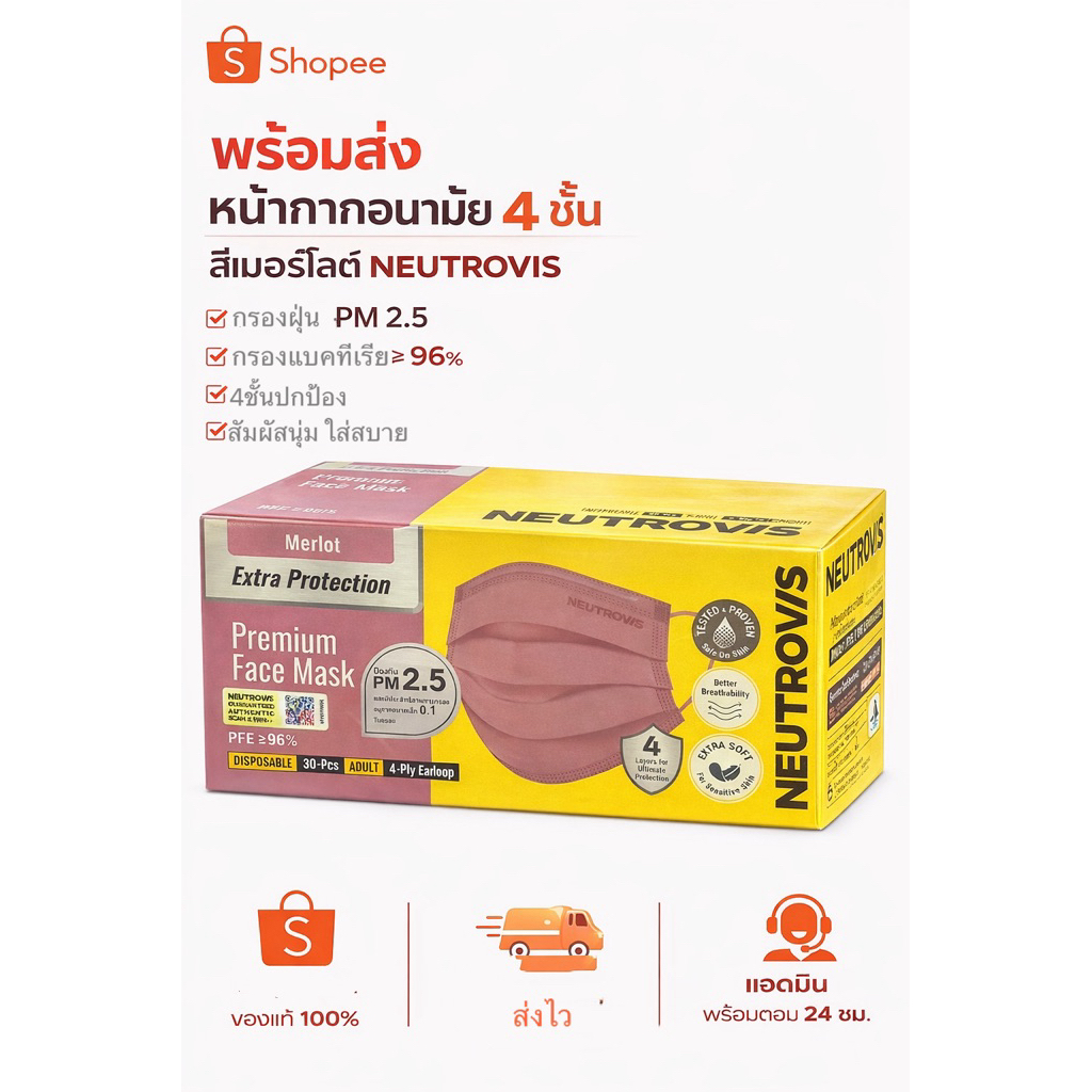 แมสกันฝุ่นpm2.5หน้ากากอนามัย NEUTROVIS Premium Face Mask(สีเมอร์โลต์)1กล่อง
