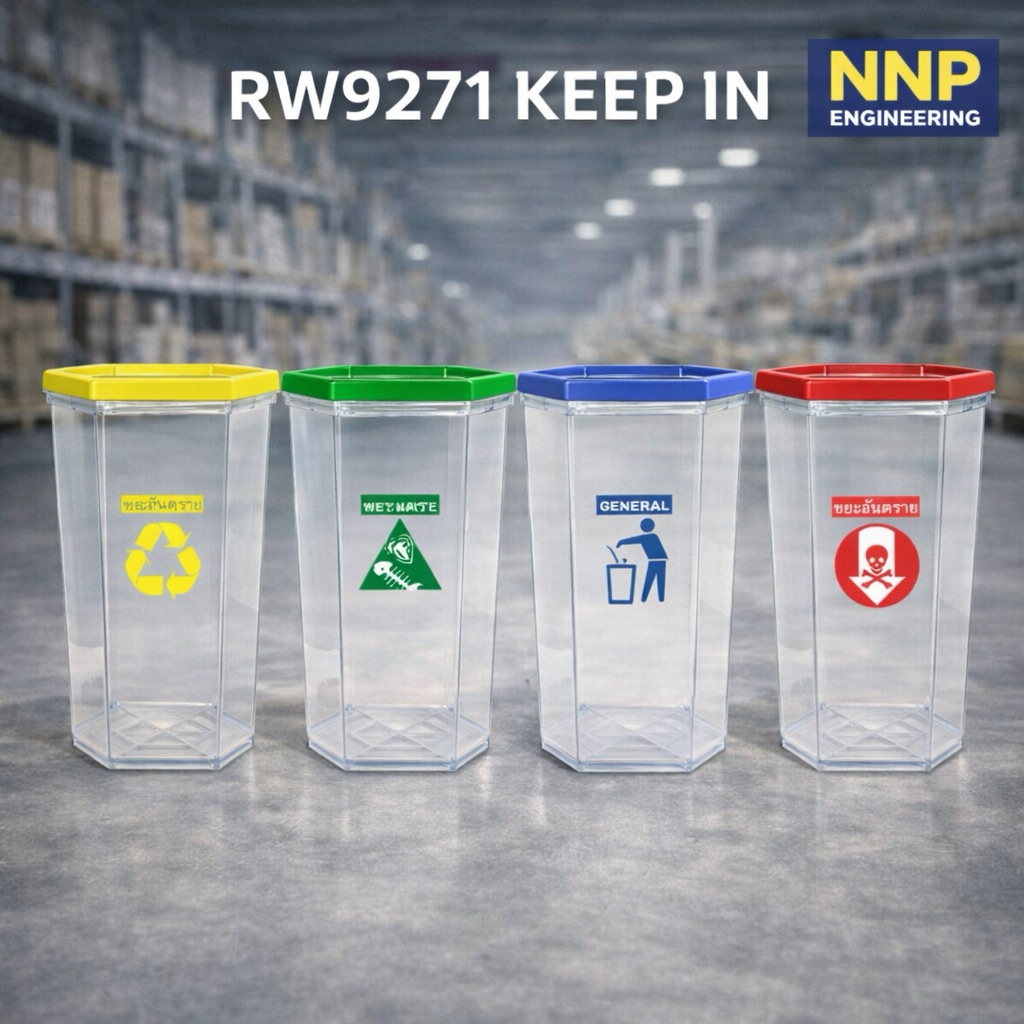 🗑️ RW9271 KEEP IN – ถังขยะหกเหลี่ยมโปร่งใส 56 ลิตร ✔ รองรับการสกรีนแยกประเภทขยะ (อันตราย / รีไซเคิล 