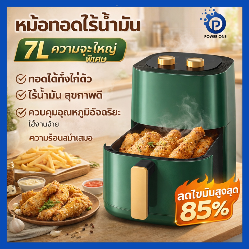หม้อทอดไร้น้ำมัน Air Fryer หม้อทอดไฟฟ้าอัจฉริยะ หมุนเวียนลมร้อน 360° ที่มีความปลอดภัยและยืดหยุ่น