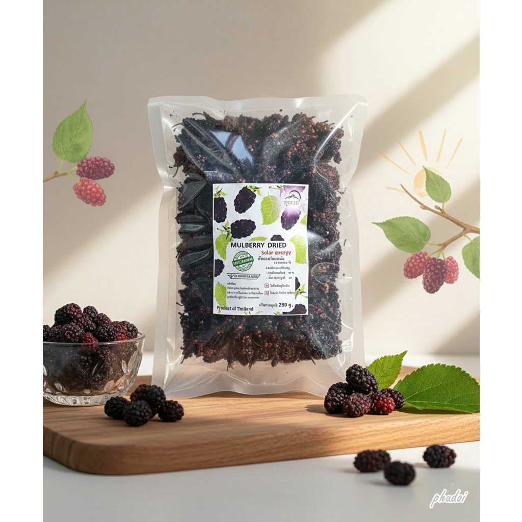 มัลเบอรี่อบแห้ง ลูกหม่อน ผลไม้อบแห้ง Mulberry dried fruit  250 กรัม ตราภูดอย สินค้าไทยปลอดภัย100% รับประกันคุณภาพ