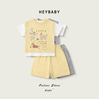 1-9 ปี เสื้อผ้าเด็ก เสื้อคอกลม+กางเกงขาสั้นเด็กชาย ชุดเด็กลา…