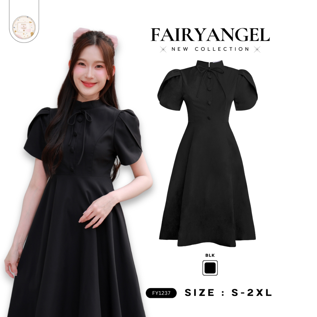 Fairyangelstore - เดรสยาวแขนตุ๊กตาคอผูกโบว์แต่งกระดุม (FY1237)