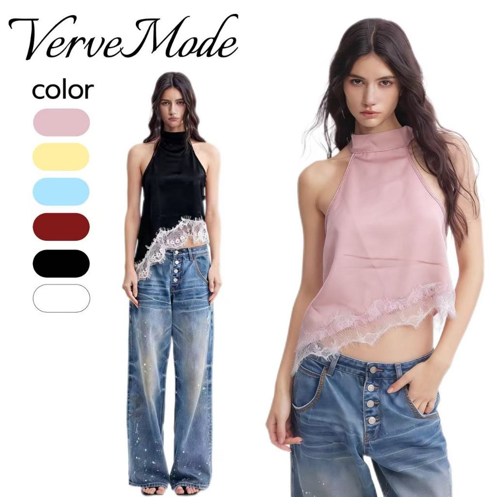 VerveMode.🍓จัดส่งในประเทศไทย🍓เสื้อกั๊กผูกคอแบบผ้าปะติดปะต่อลูกไม้สุดเซ็กซี่สไตล์ยุโรปและอเมริกาแบบใหม่ อินเทรนด์