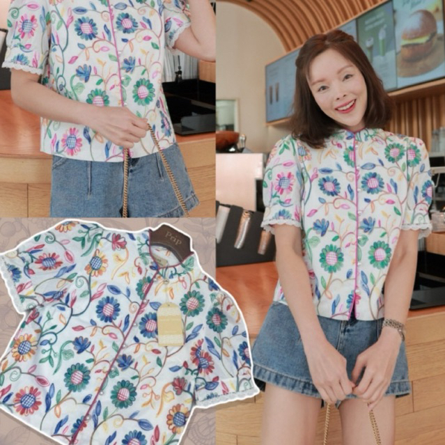 [ส่งเร็ว] Chaline เสื้อคอจีนผ้าคอตตอนญี่ปุ่นปักดอกไม้นูนแขนสั้น ลายเส้นสีเทียน