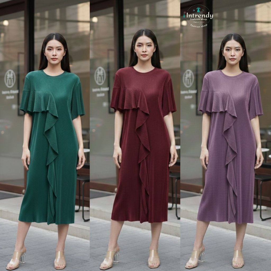 พร้อมส่ง.เดรสพลีทแต่งระบายสาวอวบ Code-P56 ( อก 36 - 52 นิ้ว ) ใส่สวย.