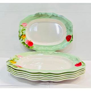 จานขอบหยักลายดอกกุหลาบขอบเขียว เมลามีน ขนาด 9.5 นิ้ว ตัวหนา …