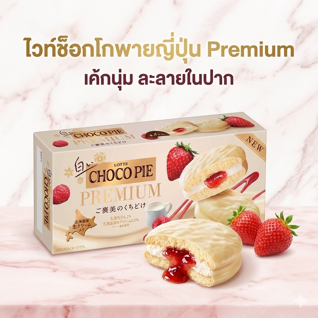 Lotte White Choco Pie Premium 213g 🍓 ไวท์ช็อกโกพายสตรอว์เบอร์รี่ ขนมนำเข้าญี่ปุ่น 6 ชิ้น เค้กนุ่มละล