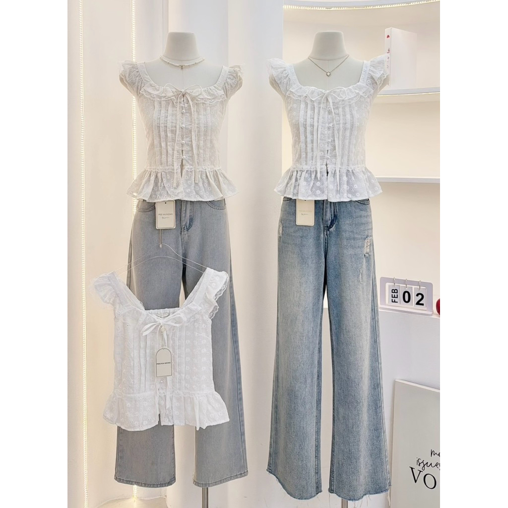 NN756 เสื้อแขนระบายลูกไม้ผ้าปักฉลุ ผูกโบว์อก Peekanong🌷