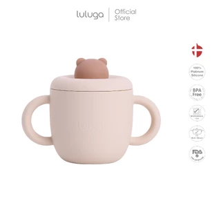 Luluga แก้วหัดดื่มซิลิโคน Bear แก้วน้ำเด็กพร้อมหลอด ฝาปิดกันหก Platinum Silicone BPA Free สำหรับเด็ก 6 เดือน+ ฝึกทาน BLW