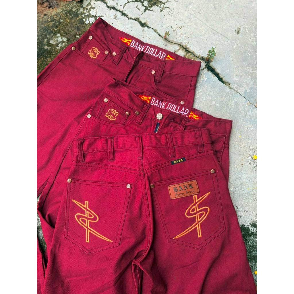 กางเกงยีนส์แดง BANK Dollar ดีเทลใหม่ ผ้ายีนส์13oz. ทรงกระบอกตรง หมุดตอกแบรนด์ทุกจุด (ร้านBANK2)