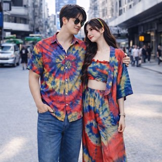 ชุดมัดย้อมสีสวยสดใส ผ้าพริ้ว ใส่สบายไม่ร้อน เซต 3 ชิ้น