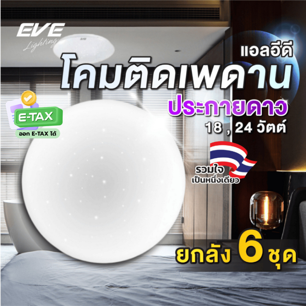 (ยกลัง 6 ชุด) โคมไฟติดเพดาน พร้อมแผงแอลอีดี LED ประกายดาว ขนาด 18 - 24W แสงขาว โคมเพดาน