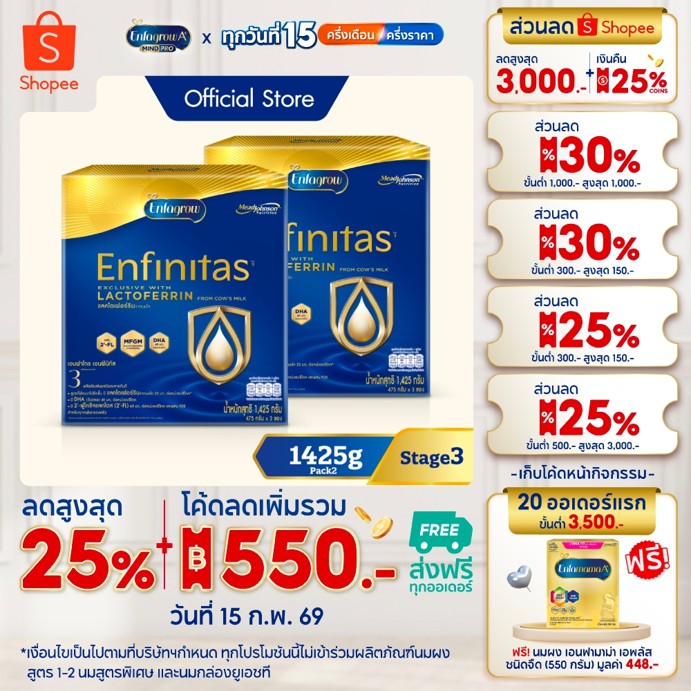 นมผง เอนฟาโกร เอนฟินิทัส สูตร3 (1425 กรัม) x2 กล่อง Enfagrow Enfinitas Stage3 (1425 g) x2 packs