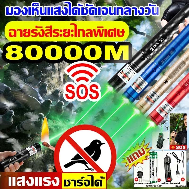 🚀80000m พลังสูง🚀 0.25วิไล่นก เลเซอร์ไล่นกพิราบ เลเซอร์แรงสูง แสงเขียว Laser pointer 303+ถ่านชาร์จ 6800mAh+เครื่องชาร์จ