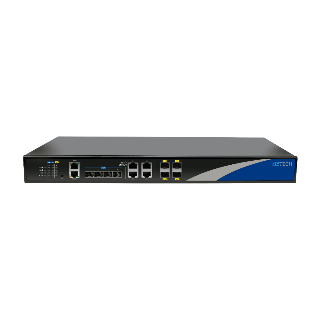 RLTECH RL8004GL GPON OLT 4PON 1U | Uplink 4xGE RJ45 + 4x10G SFP+ | Split 1:128 | รองรับ 512 Users