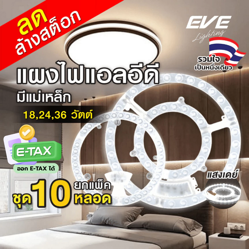 ( แพ็ค 10 ดวง ) แผงไฟ แอลอีดี LED ขนาด 18W 24W 36W แสงขาว เดย์ไลท์ 6500K