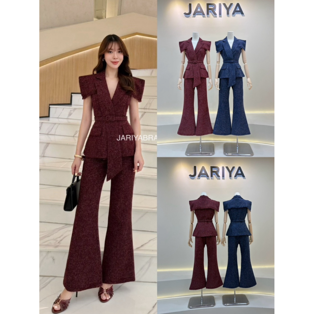D2 งานป้าย Jariya Set ชุดเซ็ท 3 ชิ้น เสื้อ กางเกงขายาว เข็มขัด สำหรับผู้หญิง เสื้อผ้าแฟชั่นผู้หญิง ไ