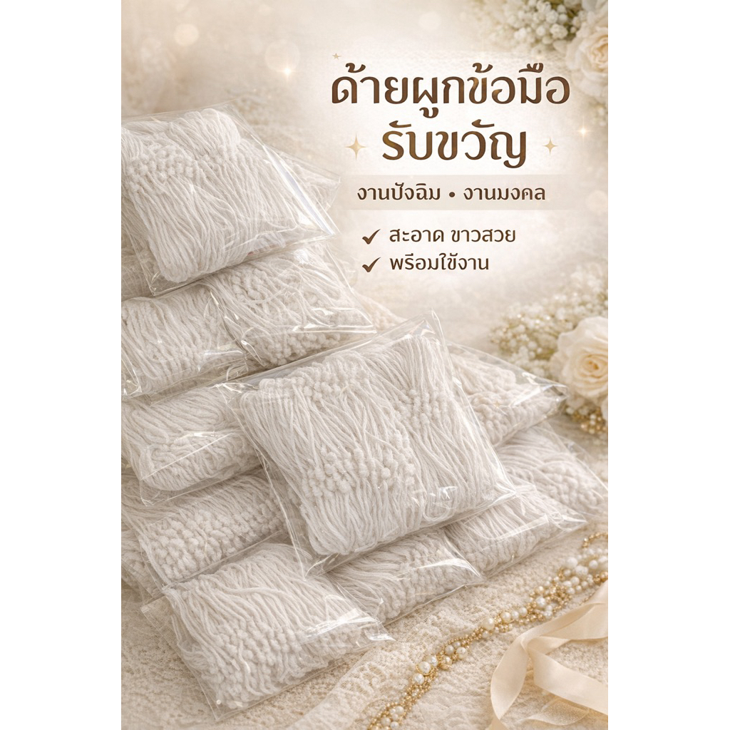 ด้ายผูกข้อมือ รับขวัญ สีขาว สำหรับงานปัจฉิมนิเทศ / งานมงคล ราคาต่อ 100 เส้น (ดูรูปและอ่านรายละเอียดก่อนนะคะ)