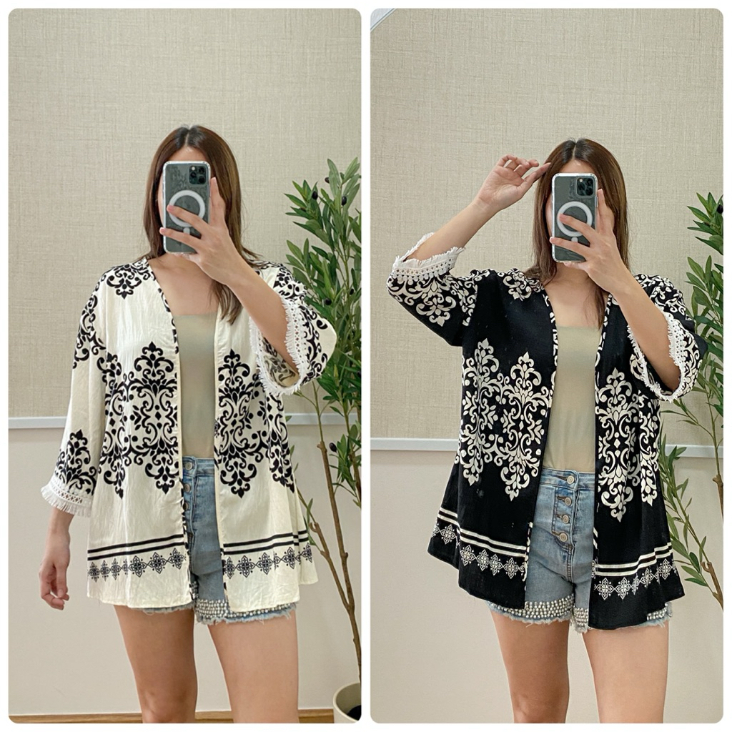 เสื้อคลุมสปันแขนพู่ลูกไม้
