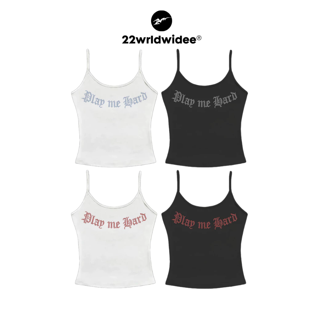 (🔥จัดส่งด่วน 1 วัน!) 22wrldwidee Play Me Hard Single Line Top สายเดี่ยวดีเทลปักเพชร (OC142)