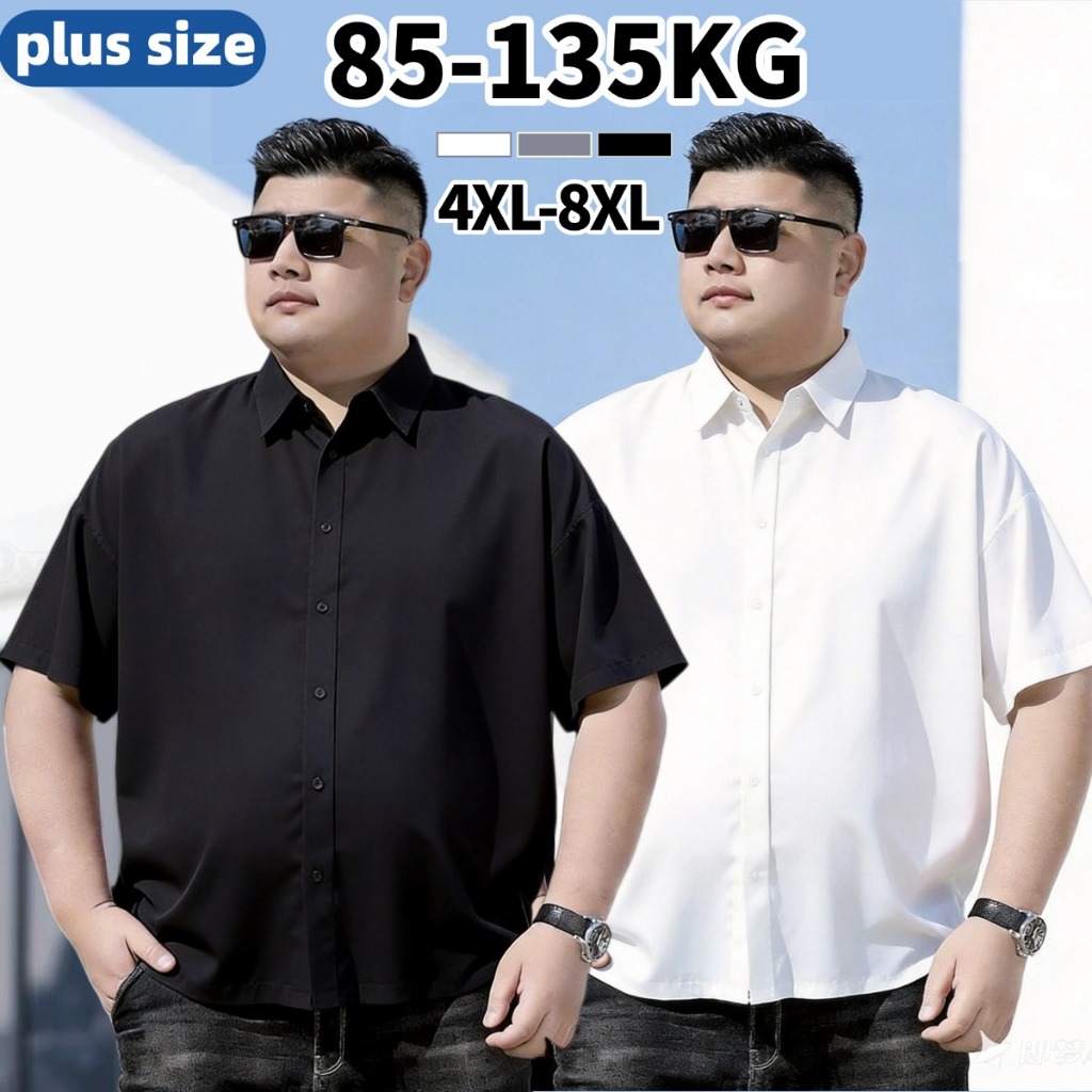 🚀4XL-8XL🚀เสื้อเชิ้ตผู้ชา 85-135KG เสื้อไซส์ใหญ่ แขนสั้น ทรงหลวม ผ้าไอซ์ซิลค์บาง คนอ้วนก็ใส่ได้