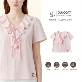 Glucoat | [U941] เสื้อแขนสั้นสีชมพูคอวีแต่งระบาย เชือกผูกโบว…