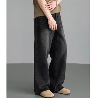 SHEESH-กางเกงยีนส์ผู้ชายขากว้าง สีน้ำเงินเข้ม baggy jeans ขากระบอก ย้อนยุค สไตล์อเมริกัน