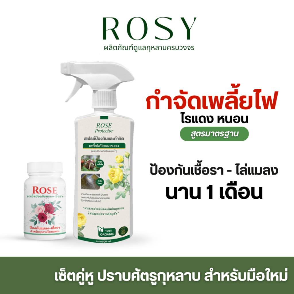Rosy เซ็ทคู่หูยาเม็ดฝังดิน + สเปรย์ [เลือกสูตรได้] คุมโรคและแมลงนาน 1 เดือน เพลี้ยไฟ เชื้อรา บำรุงกุหลาบ
