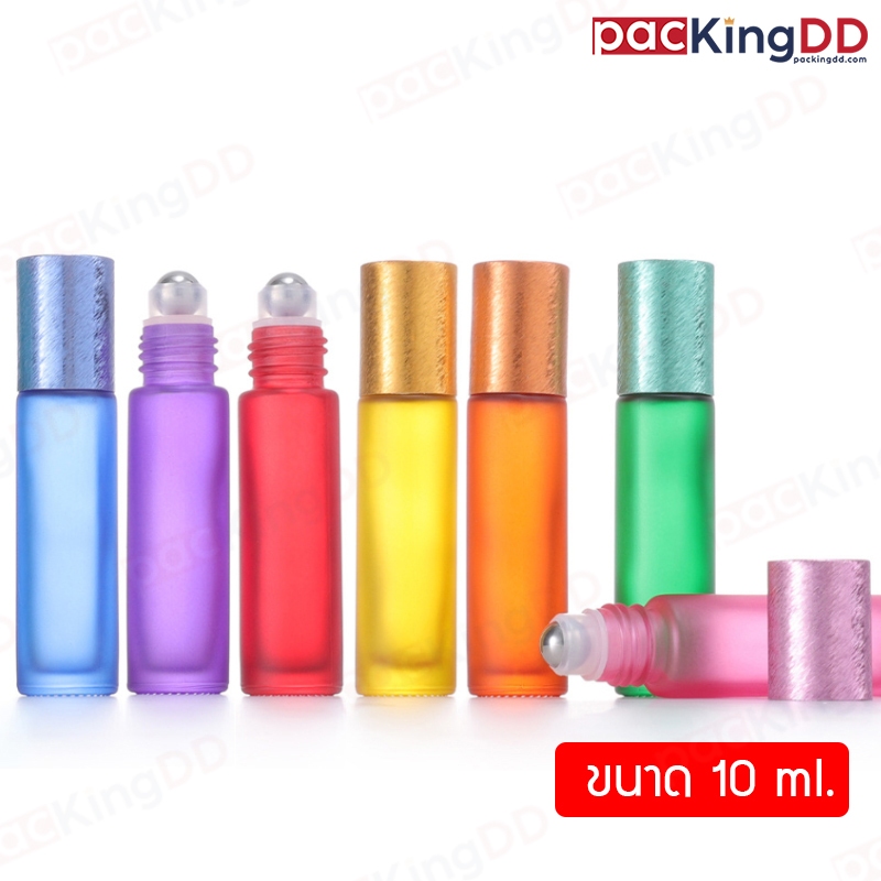 (แพ็ค 10 ชิ้น) ขวดแก้วด้าน หัวลูกกลิ้งเหล็ก ขนาด 10 ml. ฝาลายขนแมว #P449 ขวดน้ำหอม ขวดเปล่า PackingD