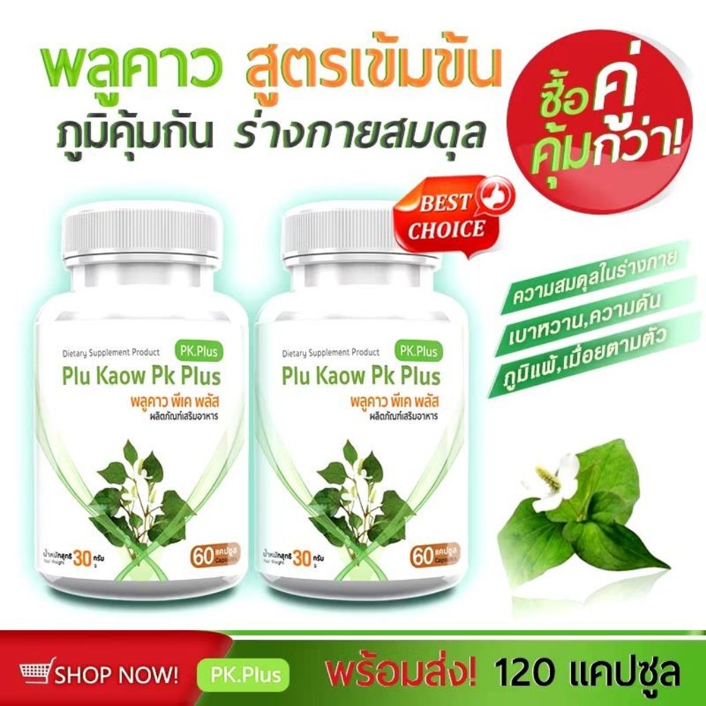 PK Plus Plu Kaow Extract (1 กระปุก 60 แคปซูล) พลูคาวสกัดร่างกายสมดุล
