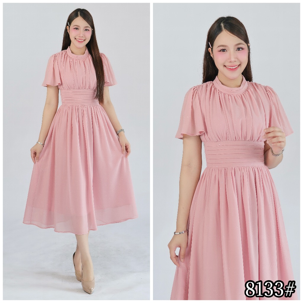 FN8133 Dressglitterชีฟอง คอปีน ตีเกร็ดเอว กระโปรงบาน  ชุดไปงานแต่ง ชุดออกงาน เดรสเพื่อนเจ้าสาว สีพาสเทล [LUXURY707]