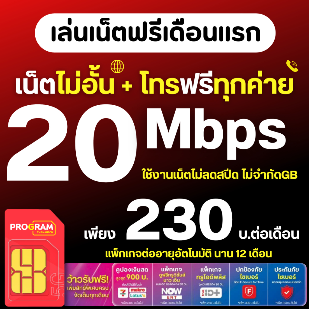 ซิมเทพทรู ซิมเน็ตไม่อั้น 4Mb 8Mb 15Mb 20Mb 30Mb เน็ตไม่อั้น ไม่ลดสปีด โทรฟรีทุกเครือข่าย