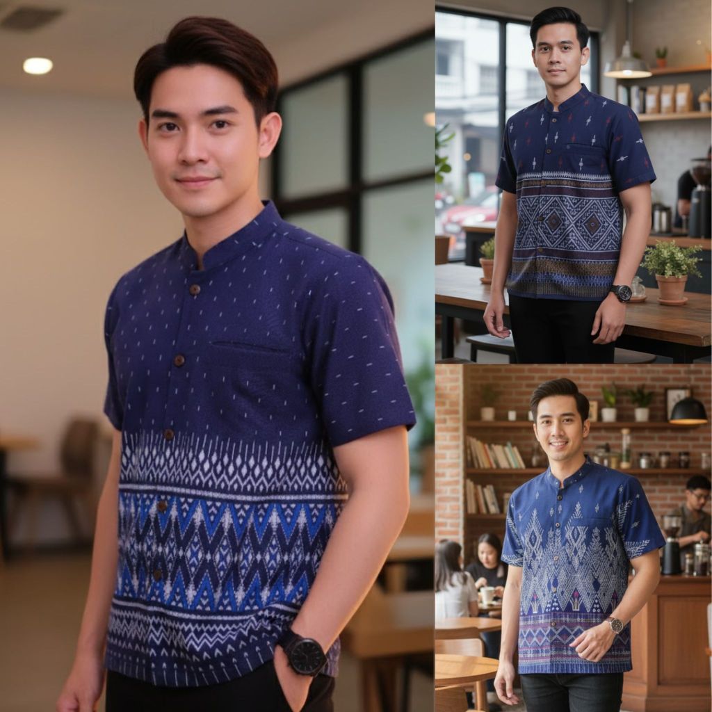 เสื้อลายไทยผู้ชายแขนสั้น เนื้อผ้าฝ้ายพิมพ์ลายหมักโคลน โทนสีกรม แถม!!ถุงใส่แก้วน้ำ
