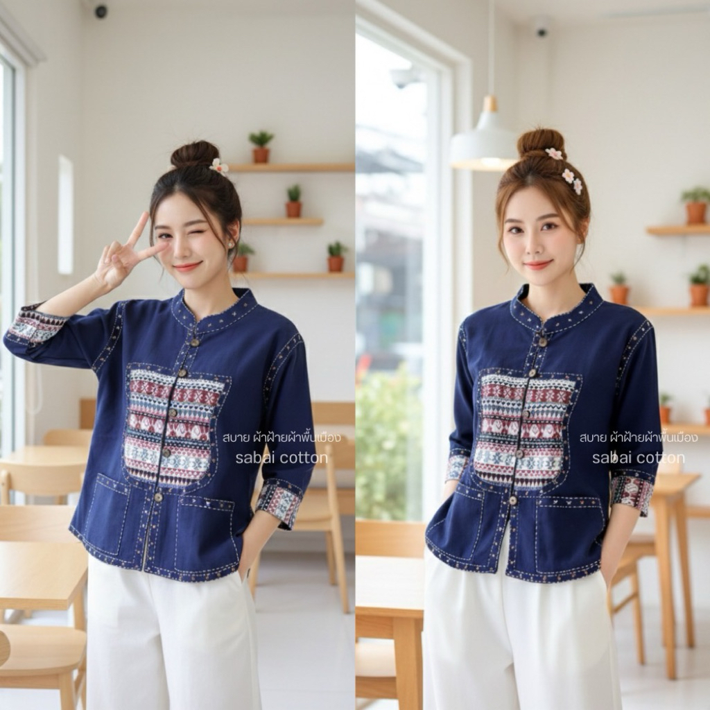 เสื้อคลุม ผู้หญิง แขนห้าส่วน แต่งเทปช้าง งานปักมือ ผ้านิ่ม ใส่สบาย