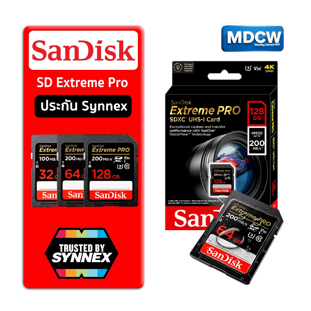 SD Card Sandisk Extreme Pro 32GB 100MB/s 64GB 128GB Speed up to 200MB/s V30 4K UHD By Sysnex
