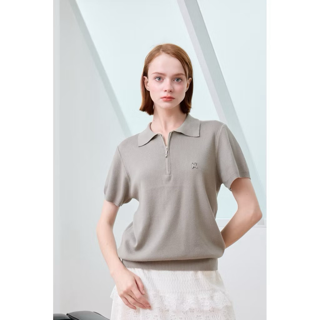 Mesave - ZIPPER TOP เสื้อไหมพรมคอปกแขนสั้น ซิปหน้า bigsize