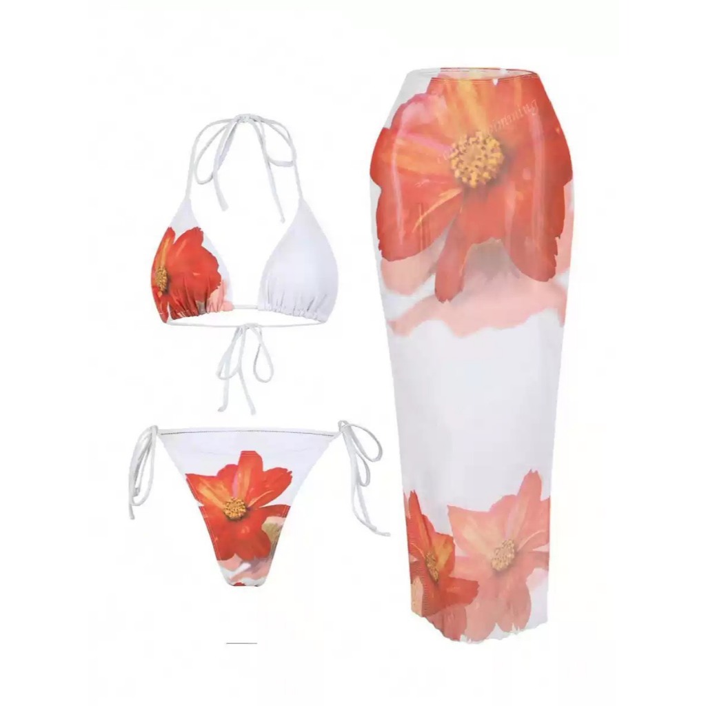 063 Bikinisexystore Set3ชิ้น ขาวดอกส้ม