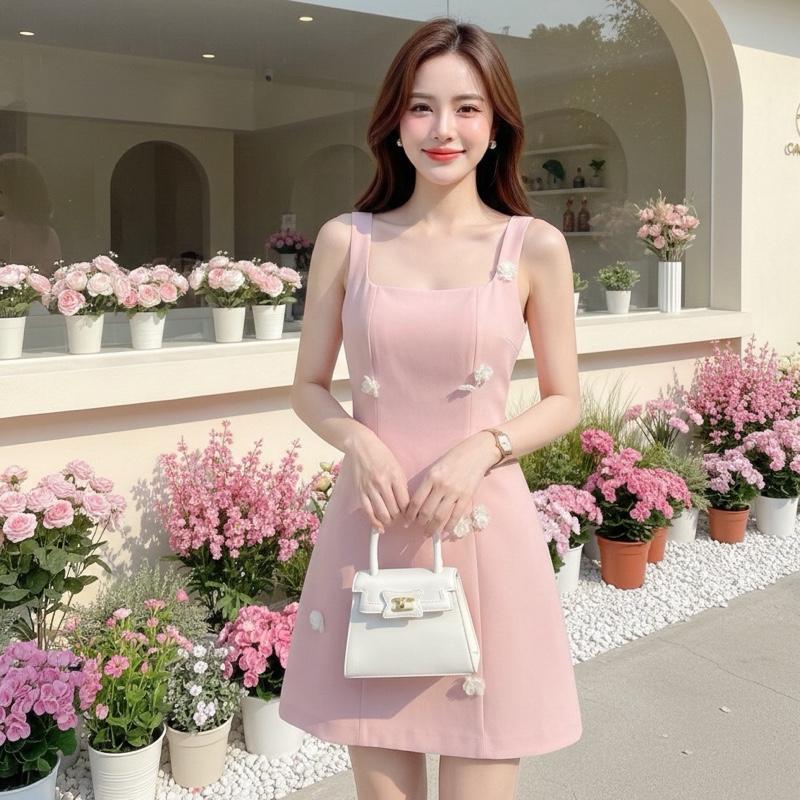 [LISA] A1285 ชุดเดรสกระโปรงสายตะเกียบดีเทลแต่งดอกไม้ ผู้ดีลัคซูสุดๆ ใส่เที่ยว ออกงาน คาเฟ่