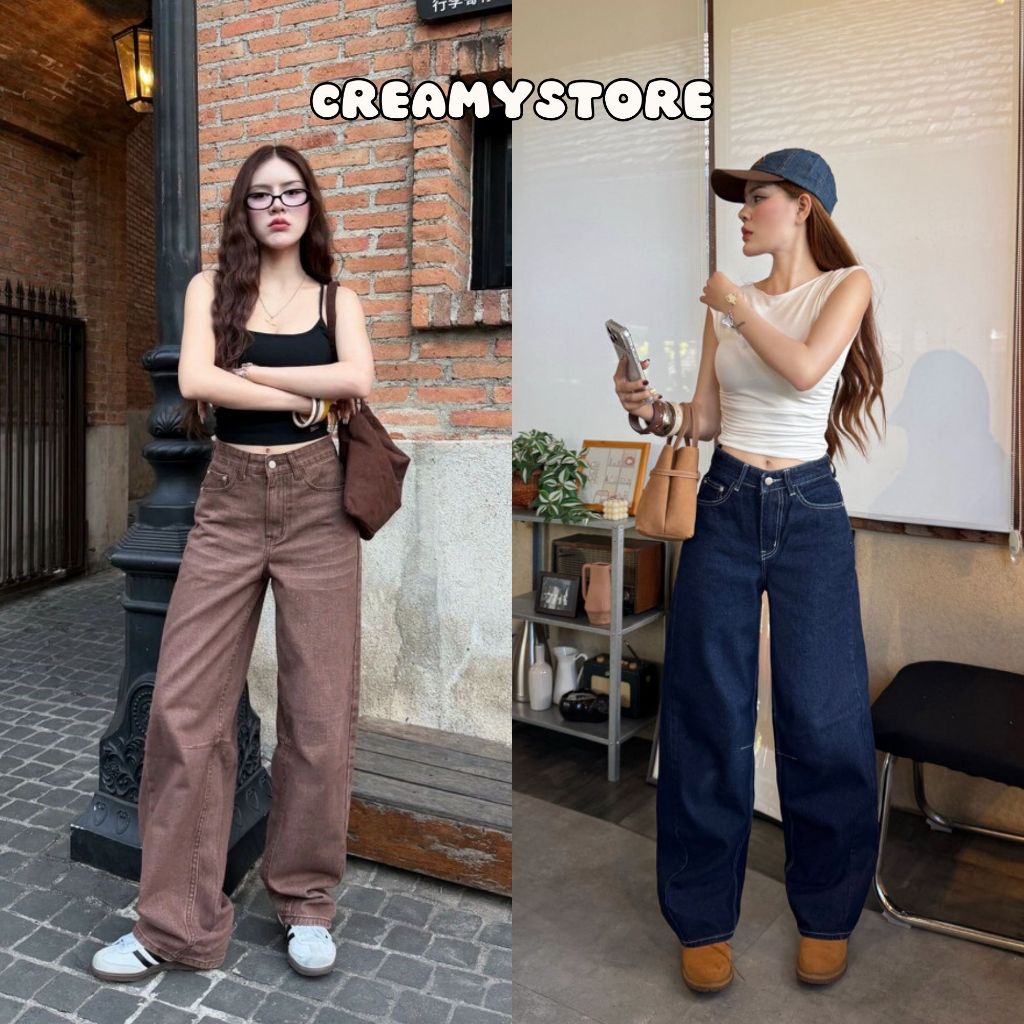 CreamyStore กางเกงยีนส์ทรงบาเรล ทรงบอลลูน  Barrel Jeans ป้ายYam