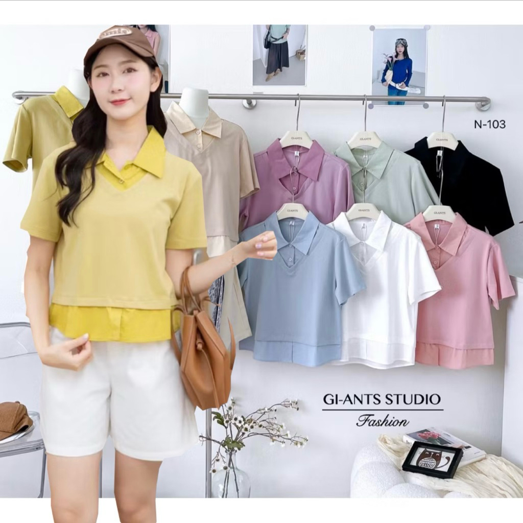 GI-ANTS (GI-103) เสื้อคอปก แขนสั้น ดีไซน์เลเยอร์หลอกสองชั้น เนื้อผ้าcotto