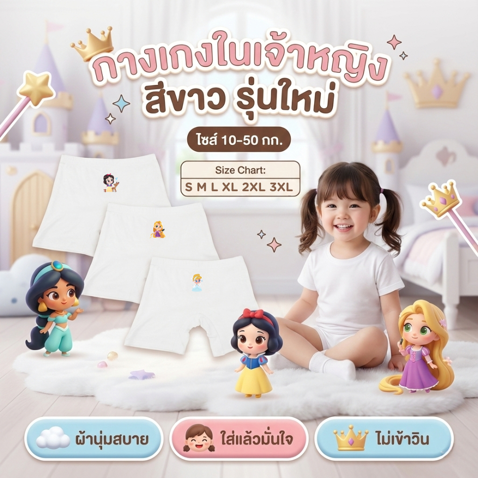 New! กางเกงซับในเด็กสีดำ(รุ่นใหม่หนานุ่มขึ้น) กางเกงในเด็ก กันโป๊  ลายเจ้าหญิงดิสนีย์ ขาไม่บาน ยืดหยุ่นเบาสบายไม่เข้าวิน