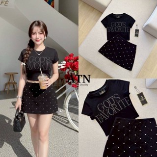 ATN ชุดset 2ชิ้น เสื้อยืดแขนสั้น ติดคริสตัสเงินสุดเก๋ เนื้อผ…