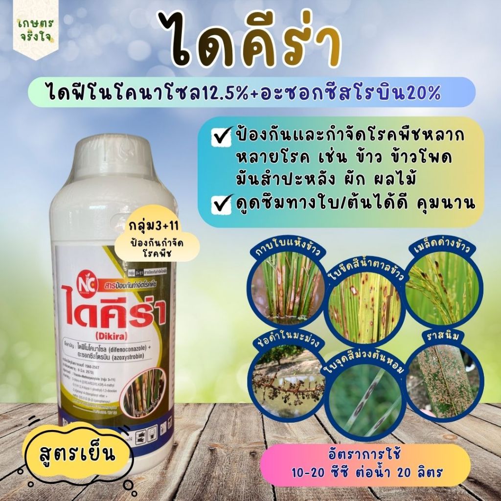 ไดคีร่า ไดฟิโนโคนาโซล12.5%+อะซอกชีสโตรบิน30% 250ซีซี/1ลิตร ป้องกันกำจัดเชื้อราพืช สารเดียวกับออติว่า