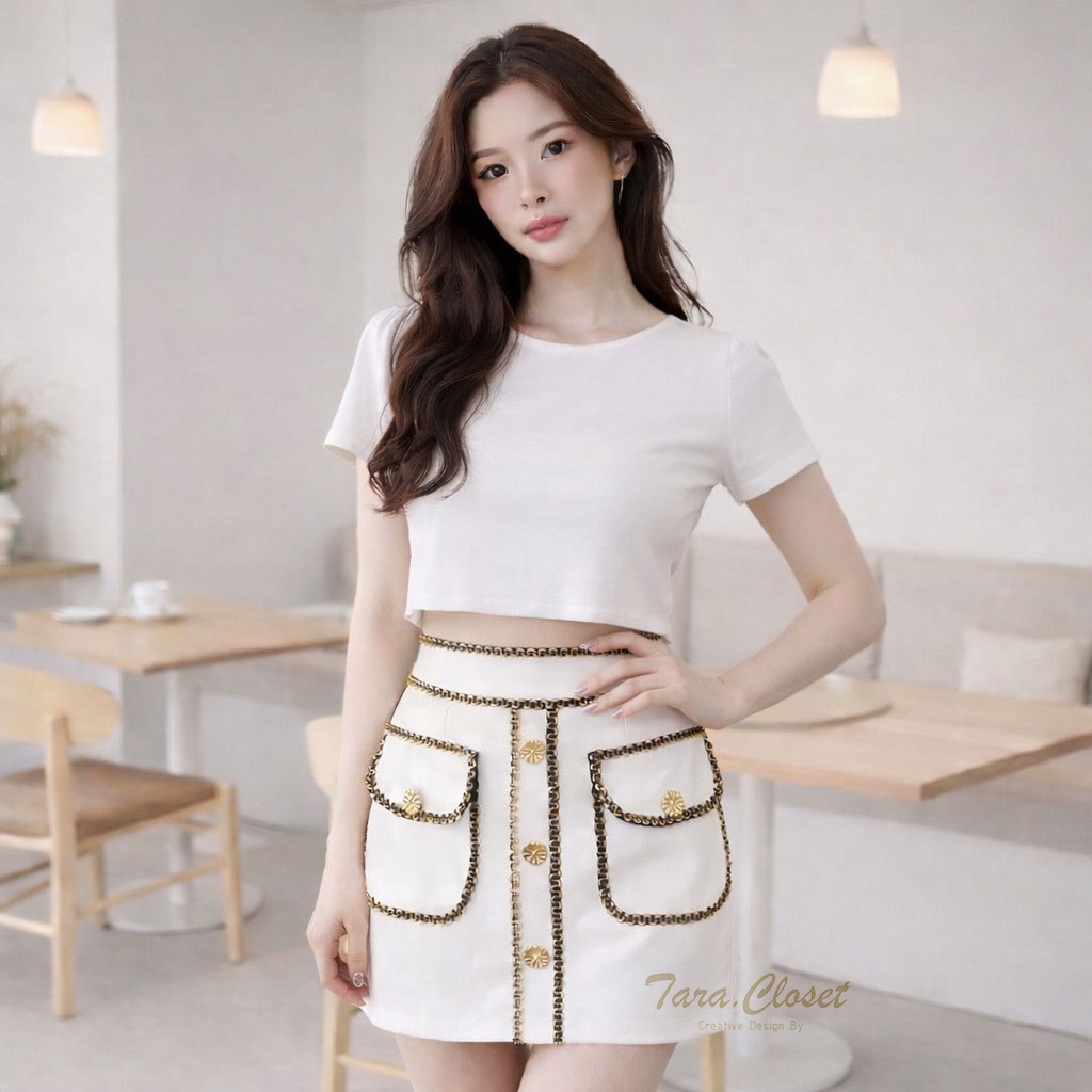 N002 TARA Skirt กระโปรง แต่งขลิบทอง มีกระเป๋า 2 ข้าง สม็อกหลัง เนื้อผ้าวูลเวฟ - รูปที่ 2