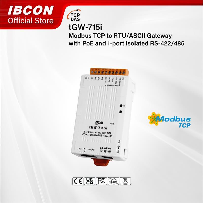 ICPDAS tGW-715i : Modbus TCP to RTU/ASCII Gateway with PoE and 1-port Isolated RS-422/485