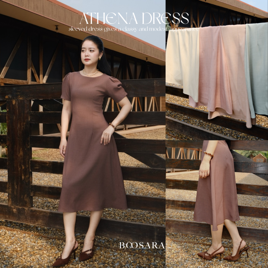 BOOSARA : Athena Dress ชุดเดรสมีแขน กระโปรงทรงพริ้ว เรียบหรู ดูดีดูแพง - BSR C.